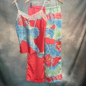 Natori Private Luxuries Satin Pajama Set Floral Lace Camisole Pants Red Blue S
